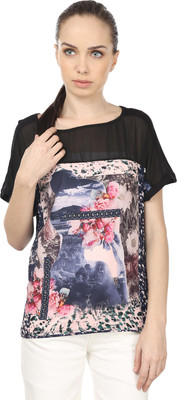 

Raw Designs Printed Women's Fashion Neck Grey, Black T-Shirt, Alluring black;stunning grey