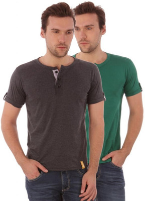 

Campus Sutra Solid Men Henley Dark Green, Grey T-Shirt(Pack of 2), Charcoal;green