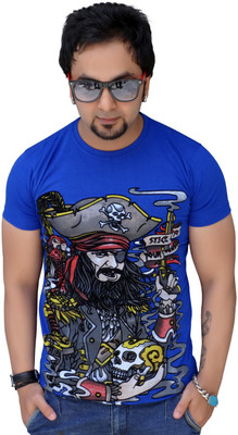 

Black Collection Graphic Print Men's Round Neck Blue T-Shirt