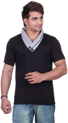 

Vivid Bharti Solid Men' V-neck Black T-Shirt