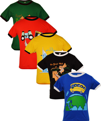 

Gkidz Boys Printed Cotton T Shirt(Blue, Pack of 5, Red