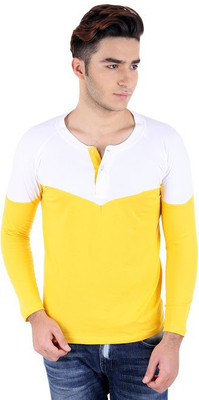 

BigIdea Solid Men's Henley White, Yellow T-Shirt