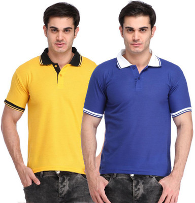 

Lime Solid Men's Polo Neck Blue, Yellow T-Shirt(Pack of 2