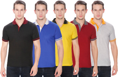 Baremoda Solid Men Polo Neck Blue, Maroon, Black, Grey, Yellow T-Shirt(Pack of 5)