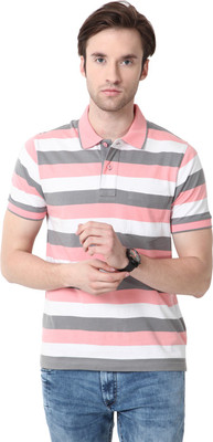 

Mudo Striped Men's Mandarin Collar Pink T-Shirt