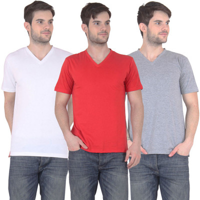

FnMe Solid Men's V-neck Multicolor T-Shirt(Pack of 3, Grey;red;white