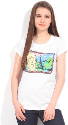 

Flying Machine Printed Women' Round Neck White T-Shirt
