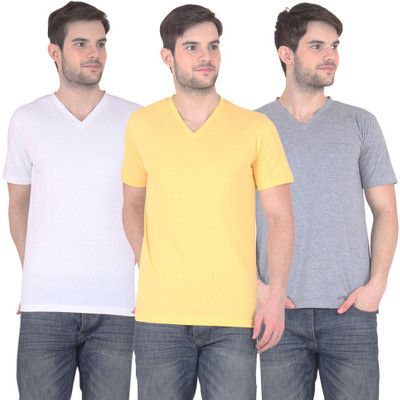 

E'Hiose Solid Men's V-neck Multicolor T-Shirt(Pack of 3, Grey;white;yellow