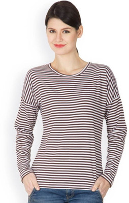 

Hypernation Striped Women' Round Neck Brown, White T-Shirt