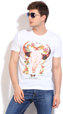 

French Connection Printed Men's Round Neck White T-Shirt