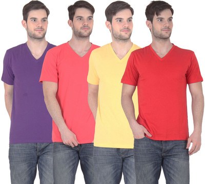 

FnMe Solid Men's V-neck Multicolor T-Shirt(Pack of 4, Carrot;purple;red;yellow