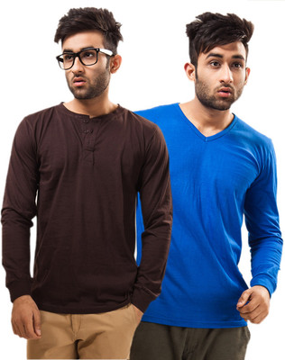 

Unisopent Designs Solid Men' Henley Brown, Blue T-Shirt(Pack of 2