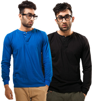 

Unisopent Designs Solid Men's Henley Blue, Black T-Shirt(Pack of 2, Royal blue