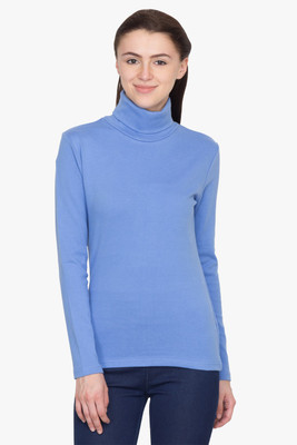 

Hypernation Solid Women's Turtle Neck Light Blue T-Shirt