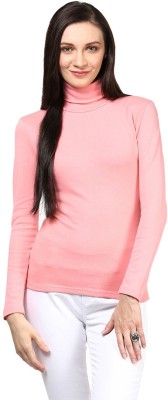 HYPERNATION Solid Women High Neck Pink T-Shirt