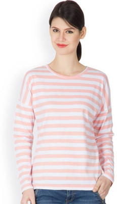 

Hypernation Striped Women' Round Neck Pink, White T-Shirt