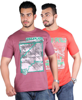

Shineway Graphic Print Men's Round Neck Multicolor T-Shirt(Pack of 2, Carrot;magenta