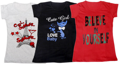 

IndiWeaves Girls Printed, Solid T Shirt(Multicolor, Gray & black & red
