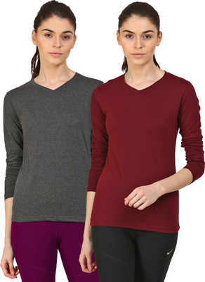 Ap'pulse Solid Women V Neck Maroon, Grey T-Shirt