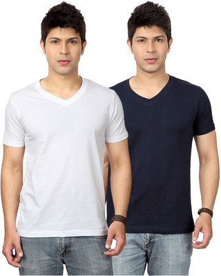 

Top Notch Solid Men's V-neck White, Dark Blue T-Shirt(Pack of 2), White;navy blue