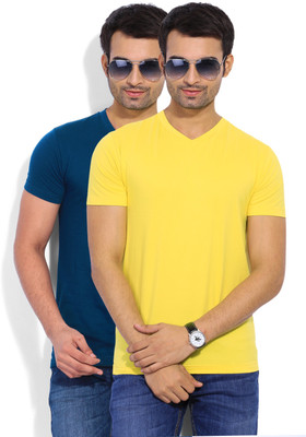 

Mufti Solid Men's V-neck Yellow, Blue T-Shirt(Pack of 2)