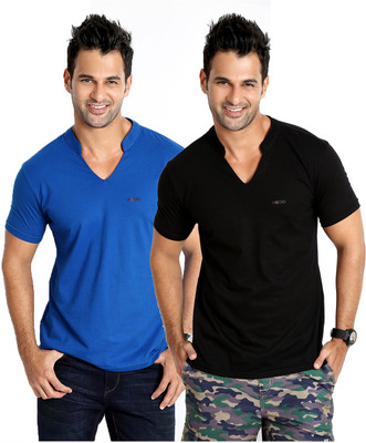 Rodid Solid Men's Mandarin Collar Blue, Black T-Shirt(Pack of 2), Black;royal blue