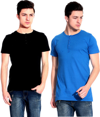 

Lemon & Vodka Solid Men's Henley Black, Blue T-Shirt(Pack of 2)