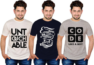 

INKIT Graphic Print Men's Round Neck Black, White, Grey T-Shirt(Pack of 3