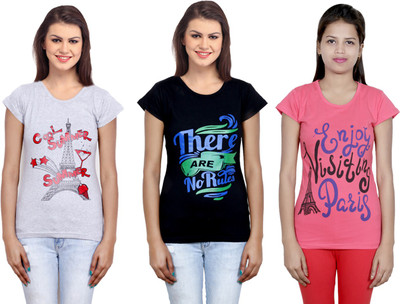Indistar Printed Women Round Neck Black, Pink, Grey T-Shirt