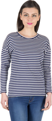 

Hypernation Striped Women's Round Neck Blue T-Shirt, Blue;white