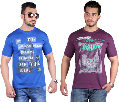 

Shineway Printed Men's Round Neck Multicolor T-Shirt(Pack of 2, Blue;voilet