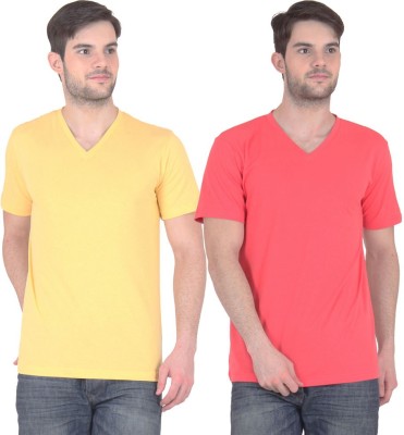 

FnMe Solid Men's V-neck Multicolor T-Shirt(Pack of 2, Carrot;yellow