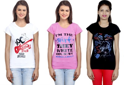 Indistar Printed Women Round Neck White, Pink, Black T-Shirt