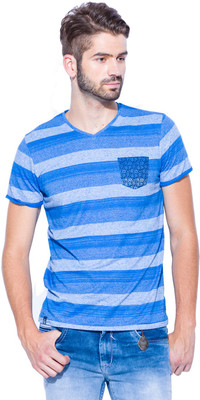 

Mufti Striped Men's V-neck Blue, Grey T-Shirt