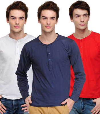 72% OFF on TSX Solid Men's Henley White, Blue, Red T-Shirt(Pack of 3)