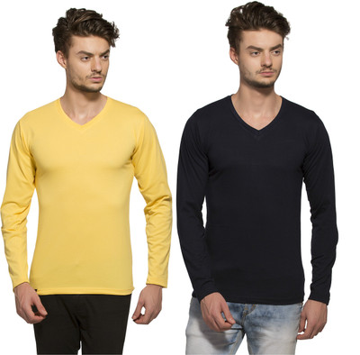 

Alan Jones Solid Men's V-neck Black, Yellow T-Shirt(Pack of 2, Gold and navy