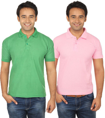 

Quetzal Solid Men's Polo Neck Green, Pink T-Shirt(Pack of 2, Light green;pink