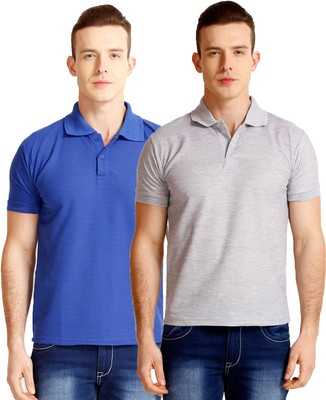 Baremoda Solid Men Polo Neck Blue, Grey T-Shirt(Pack of 2)