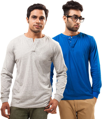 Unisopent Designs Solid Men's Henley Grey, Blue T-Shirt(Pack of 2
