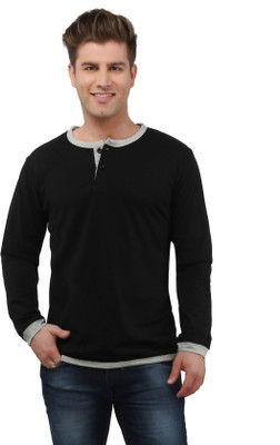 

The Cotton Company Solid Men's Henley Black T-Shirt, Space black