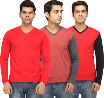 

Leana Solid Men's V-neck Red, Red, Red T-Shirt(Pack of 3