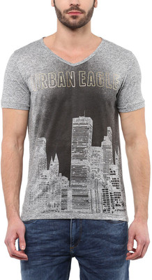

Urban Eagle by Pantaloons Printed Men' V-neck Grey T-Shirt, Grey melange