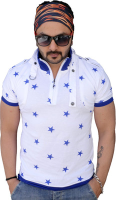 

Black Collection Printed Men's Flap Collar Neck White T-Shirt