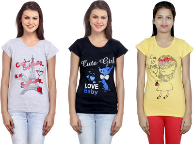 Indistar Printed Women Round Neck Black, Grey, Yellow T-Shirt