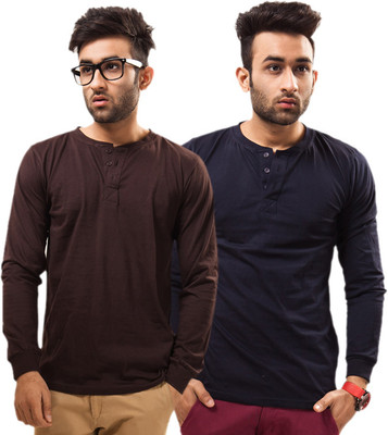 

Unisopent Designs Solid Men's Henley Brown, Dark Blue T-Shirt(Pack of 2