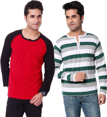 

Leana Striped Men's Henley Multicolor T-Shirt(Pack of 2, Multi