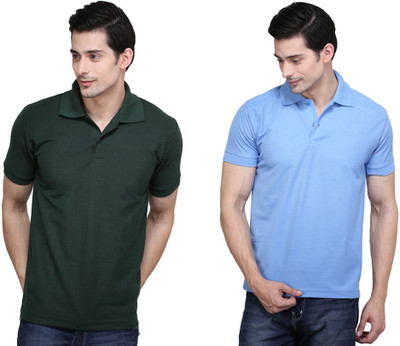 

Ilbies Solid Men's Polo Neck Multicolor T-Shirt(Pack of 2, Dark green - light blue
