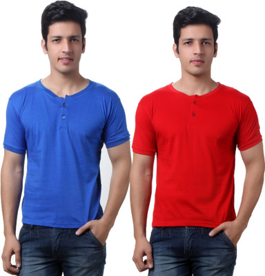 TeeMoods Solid Men's Henley Red, Blue T-Shirt(Pack of 2), Red;royal blue
