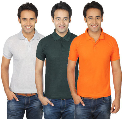 

Quetzal Solid Men's Polo Neck Multicolor T-Shirt(Pack of 3, Green;grey;orange
