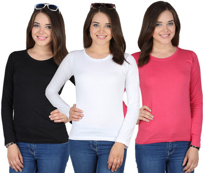 

SayItLoud Solid Women' Round Neck Multicolor T-Shirt(Pack of 3, Black;pink;white